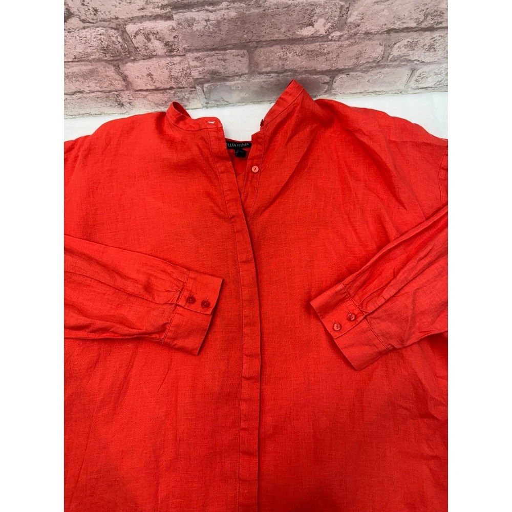 Eileen Fisher Organic‎ Linen Button Front Top Tunic Coral Orange Size Large - Picture 3 of 9
